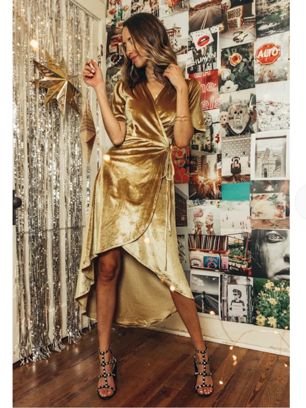 ⭐️ LULUs Amour Golden Yellow Velvet High-Low Wrap Dress. Size SMALL
